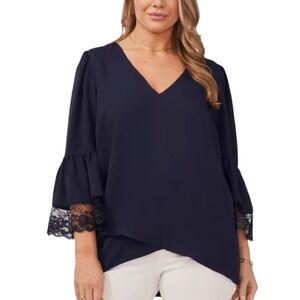 Vince Camuto Navy Blouse Size 2X Bell‎ Sleeve Lace Trim V Neck Top Plus